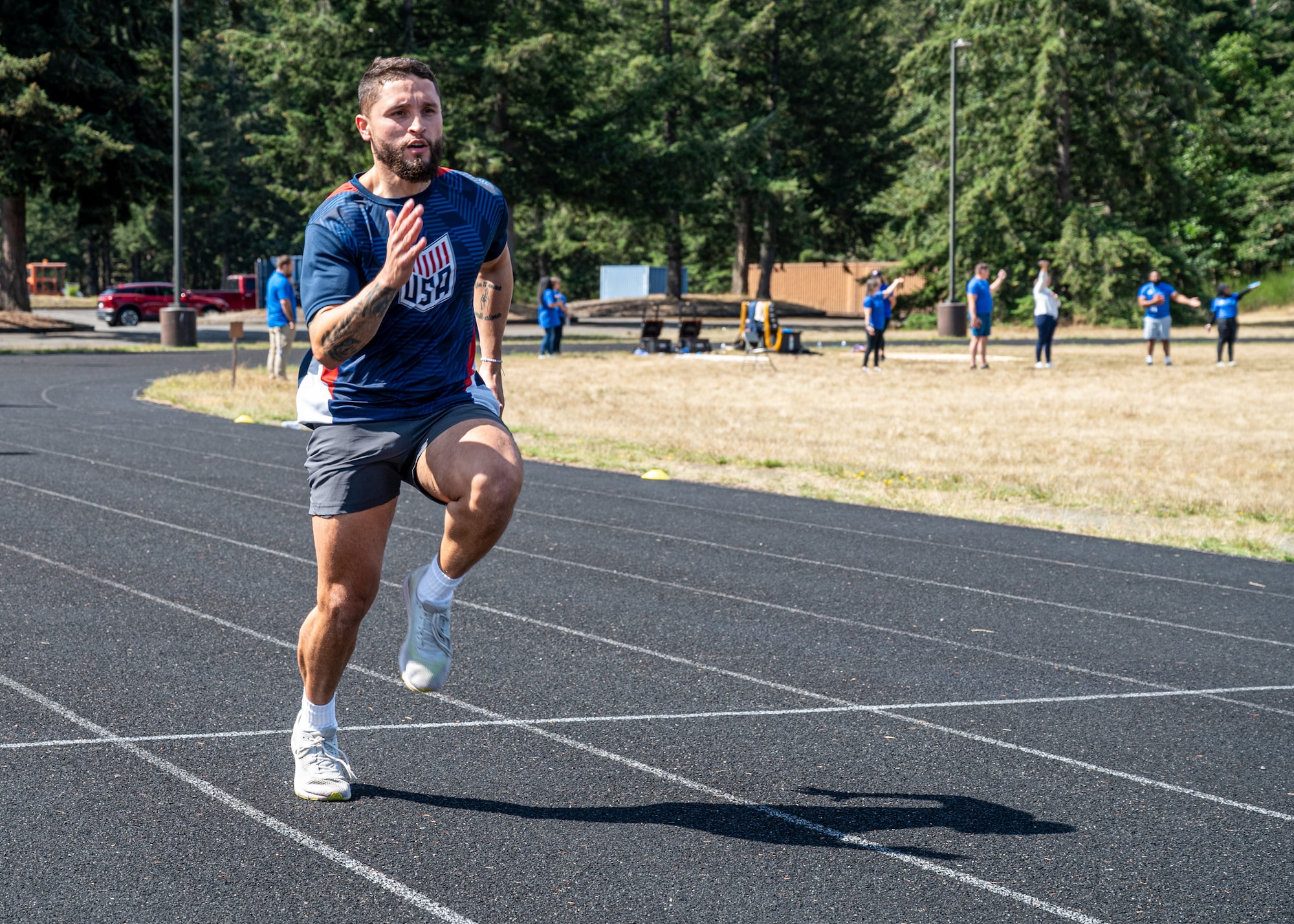 Jomar Rodriguez, Warrior Games 2024 athlete, practices sprints during an Air Force Wounded Warrior event at Joint Base Lewis-McChord, Washington, Aug. 27, 2024.