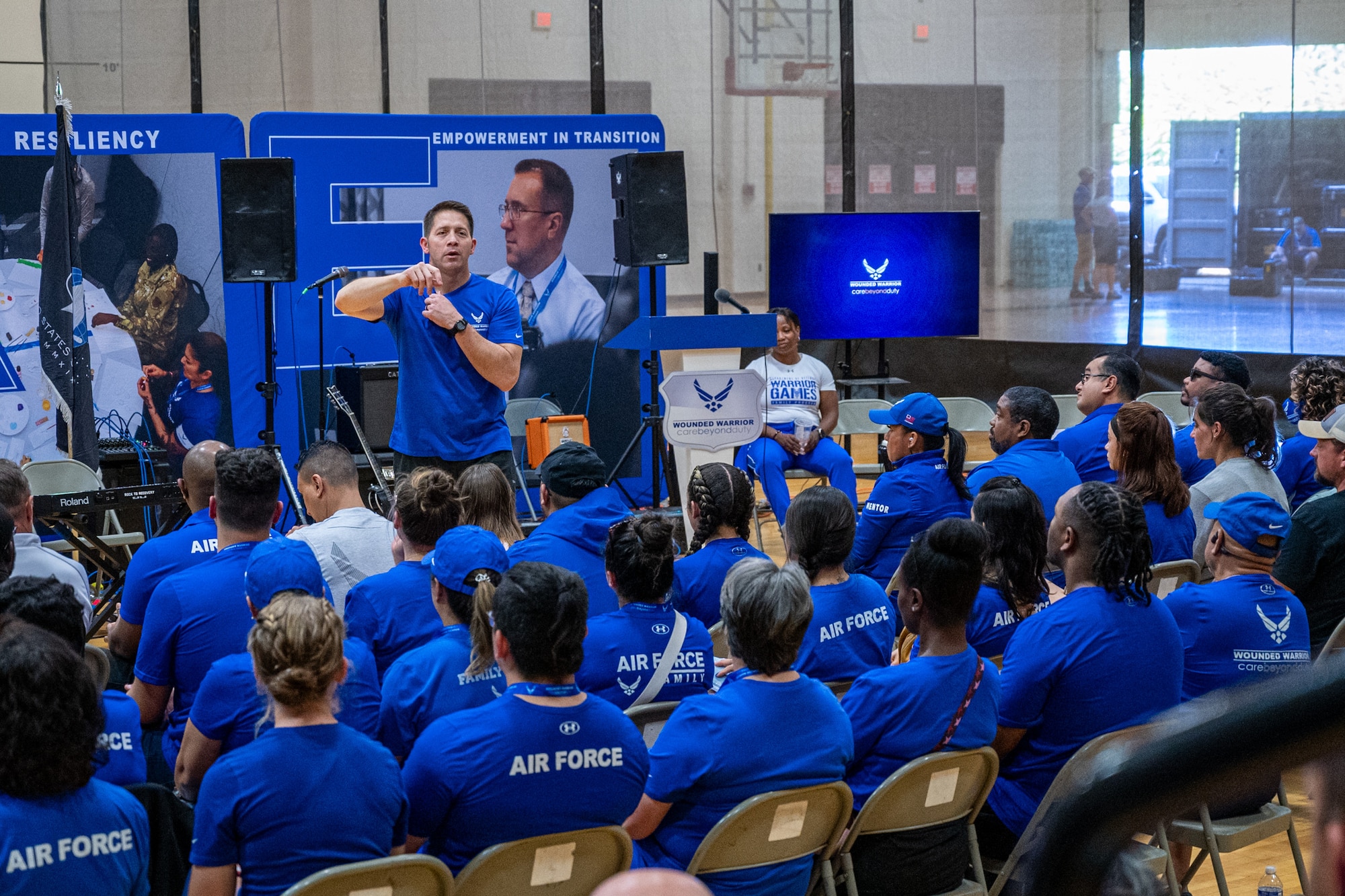 U.S. Air Force Col. Brandon Sokora, Joint Base Lewis-McChord deputy joint base commander and 627th Air Base Group commander, speaks during an Air Force Wounded Warrior event at JBLM, Washington, Aug. 30, 2024.