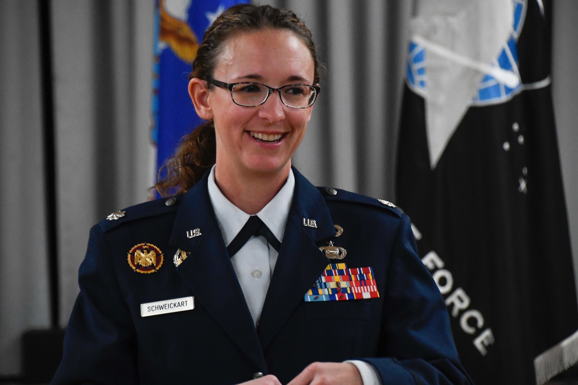 Lt. Col. Jody Schweickart, 213th Space Warning Squadron commander, addresses the audience at the 213th SWS change of command ceremony at Clear Space Force Station, Alaska