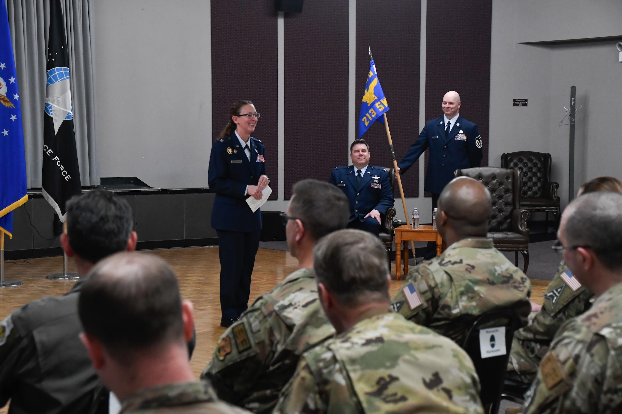 Lt. Col. Jody Schweickart, 213th Space Warning Squadron commander, addresses the audience at the 213th SWS change of command ceremony at Clear Space Force Station, Alaska