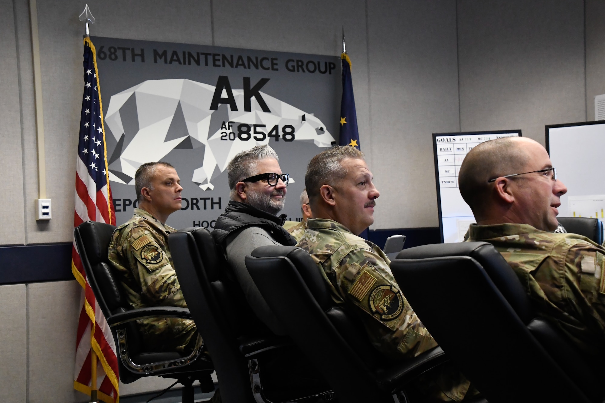 Jim Matherly, Honorary Commander of the 168th Aircraft Maintenance, visits the squadron and learns about the mission's inner workings for air refueling here in the Arctic and worldwide