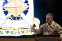 Col. Robert L. Le'iato, commandant of the Finance and Comptroller School and chief of the Finance Corps, speaks after assuming command of the school during a ceremony held in the institute's auditorium, July 30, 2024. (U.S. Army photo by Robert Timmons)