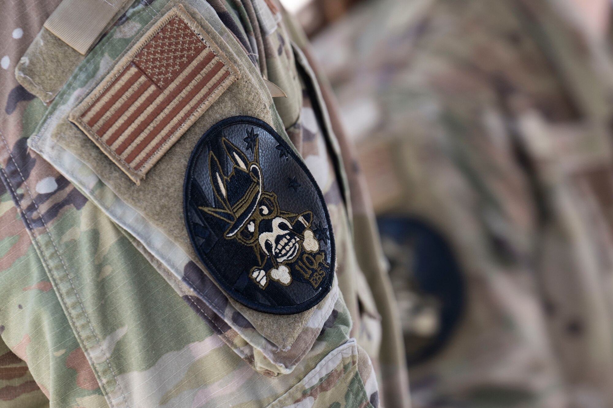 The patch worn by U.S. Air Force members attached to the 110th Expeditionary Bomb Squadron whom conduct Bomber Task Force missions during a deployment at Royal Australian Air Force Base Amberley, Australia, Aug. 26, 2024. U.S. Strategic Command forces are on watch 24 hours a day, seven days a week to deter and detect strategic attack against the U.S. and its allies. (U.S. Air Force photo by Tech. Sgt. Anthony Hetlage)
