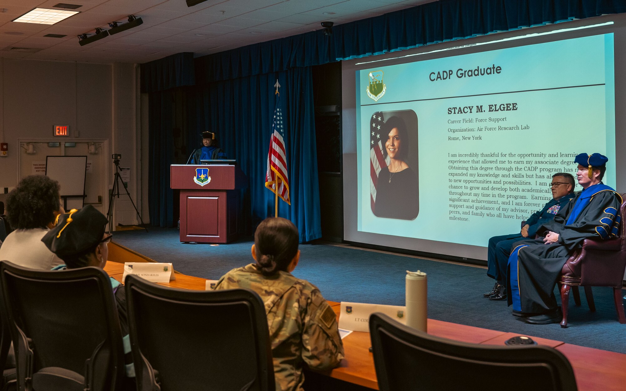 U.S. Air Force Col. Franklin Shifflett, Ira C. Eaker Center for Leadership development commander, speaks at the CADP graduation ceremony at Maxwell Air Force Base, Alabama, Sept. 5, 2024. The program is 60 credit hours and allows students to achieve an Associate of Science in the Department of the Air Force Leadership and Management Studies. (U.S. Air Force photo by Senior Airman Evan Lichtenhan)
