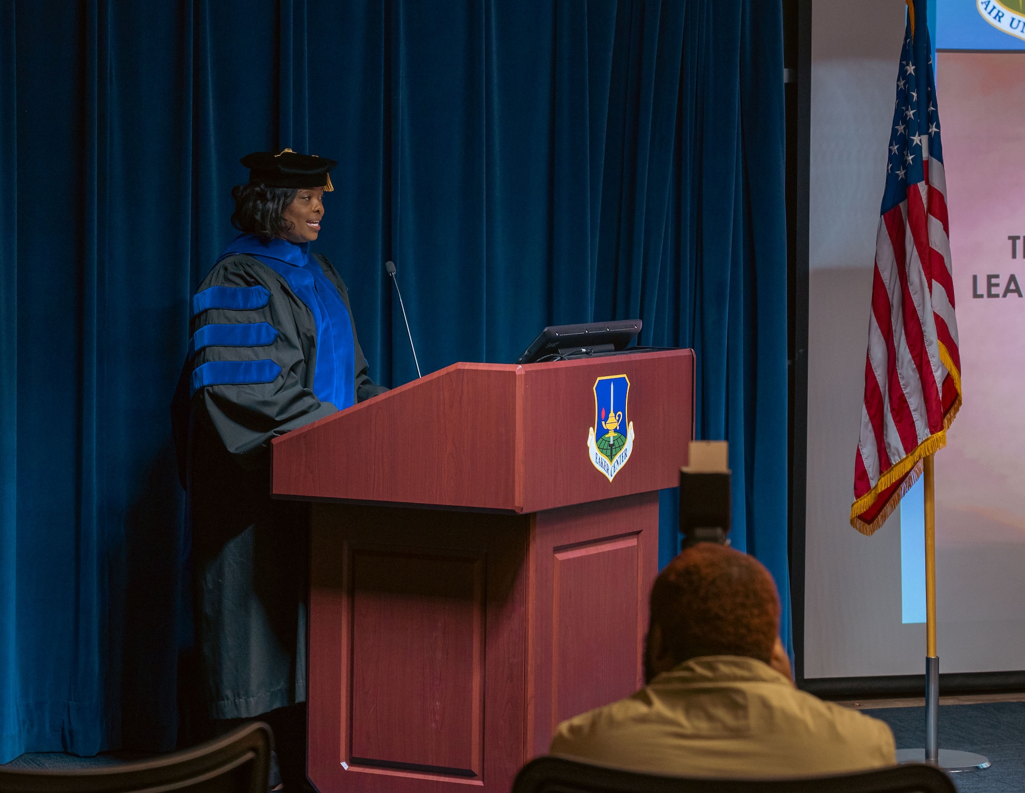 U.S. Air Force Col. Franklin Shifflett, Ira C. Eaker Center for Leadership development commander, speaks at the CADP graduation ceremony at Maxwell Air Force Base, Alabama, Sept. 5, 2024. The program is 60 credit hours and allows students to achieve an Associate of Science in the Department of the Air Force Leadership and Management Studies. (U.S. Air Force photo by Senior Airman Evan Lichtenhan)