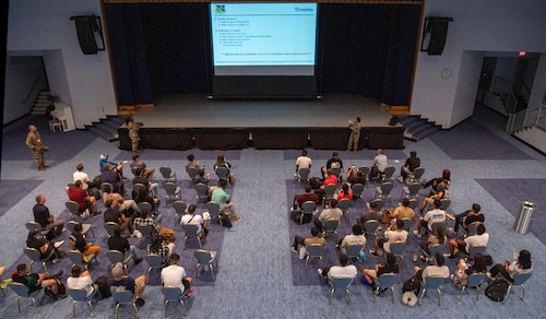 A birds eye view of an audience around a stage