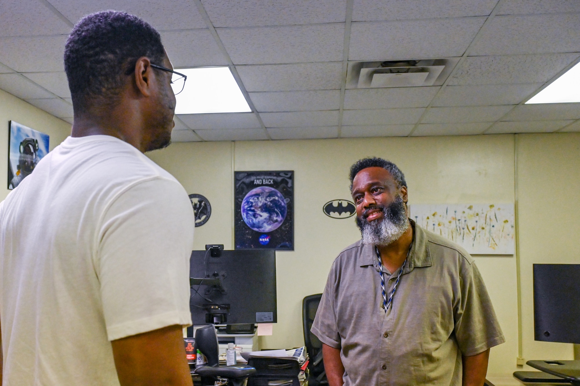 Wendell Browne, 97th Air Mobility Wing prevention specialist, listens to U.S. Air Force Staff Sgt. Alyx Howard, 97th Security Forces Squadron specialist, at Altus Air Force Base, Oklahoma, Aug. 21, 2024. Browne has worked in suicide prevention for more than three decades. (U.S. Air Force photo by Senior Airman Kari Degraffenreed)