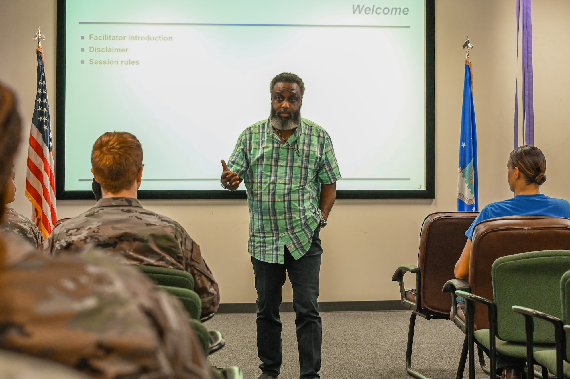 Wendell Browne, 97th Air Mobility Wing prevention specialist, teaches a suicide prevention class at Altus Air Force Base, Oklahoma, August 29, 2024. Browne begins every class by telling the students how suicide has personally affected his own life. (U.S. Air Force photo by Senior Airman Kari Degraffenreed)