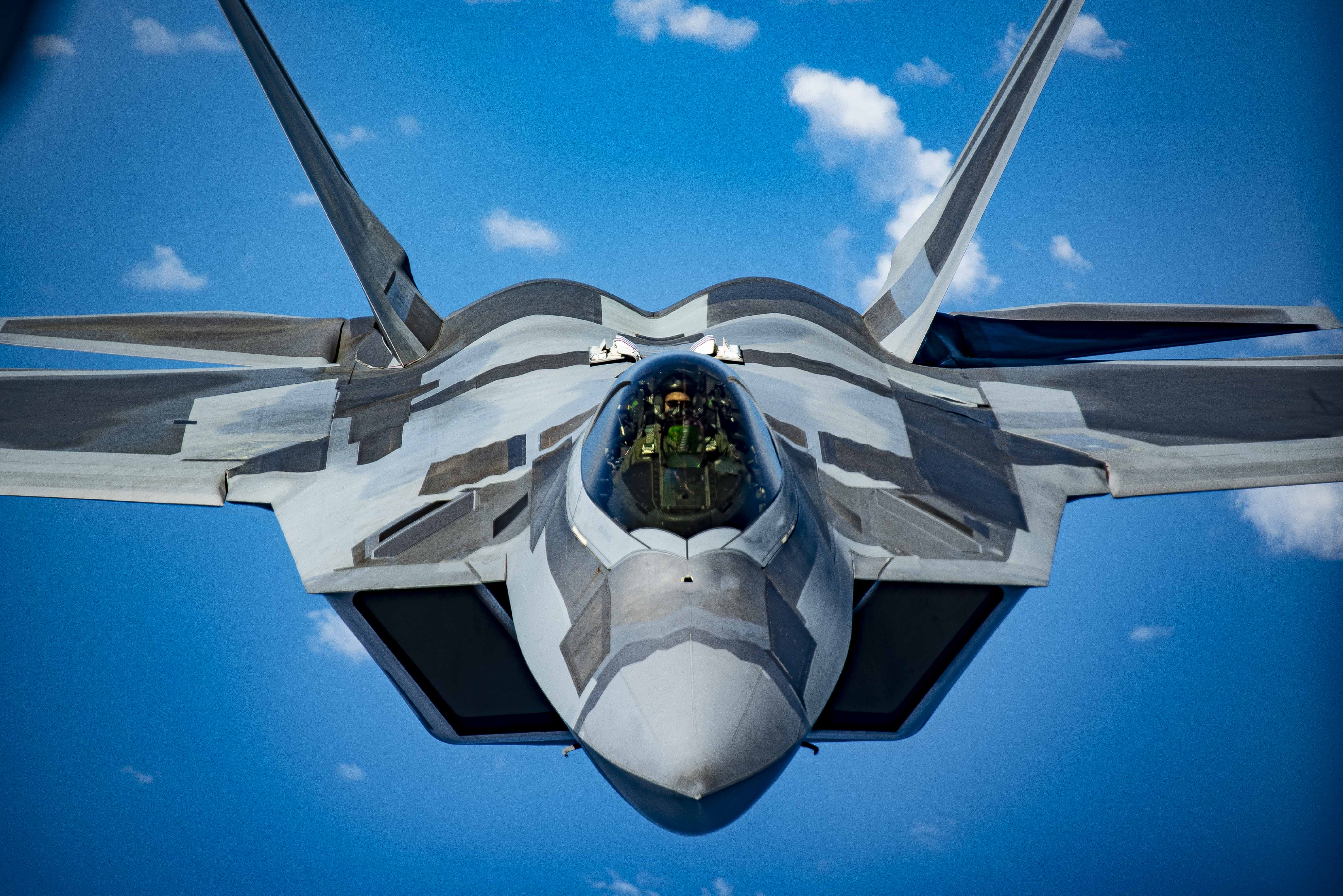 An F-22 Raptor assigned to the 1st Fighter Wing, Joint Base Langley-Eustis, Va., approaches the boom of a 134th Air Refueling Wing KC-135R Stratotanker to refuel along the east coast of the United States, Aug. 14, 2024.