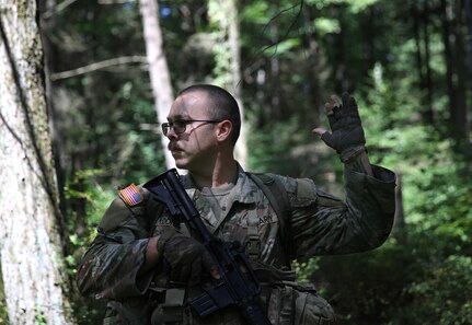 U.S. Soldiers attending the Cavalry Scout Advanced Leader Course at the 166th Regiment - Regional Training Institute conduct field training at Fort Indiantown Gap, Pennsylvania, Sept. 3, 2024. Trainees performed reconnaissance operations, conducted an ambush and classified a bridge. (U.S. Army National Guard photo by Sgt. Du-Marc Mills)