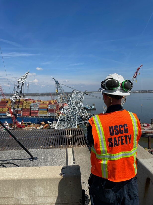 SOFR LT Trent Lamun overlooking the southside bridge span and monitoring the area to ensure no unauthorized access to the bridge.