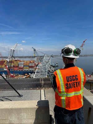 SOFR LT Trent Lamun overlooking the southside bridge span and monitoring the area to ensure no unauthorized access to the bridge.