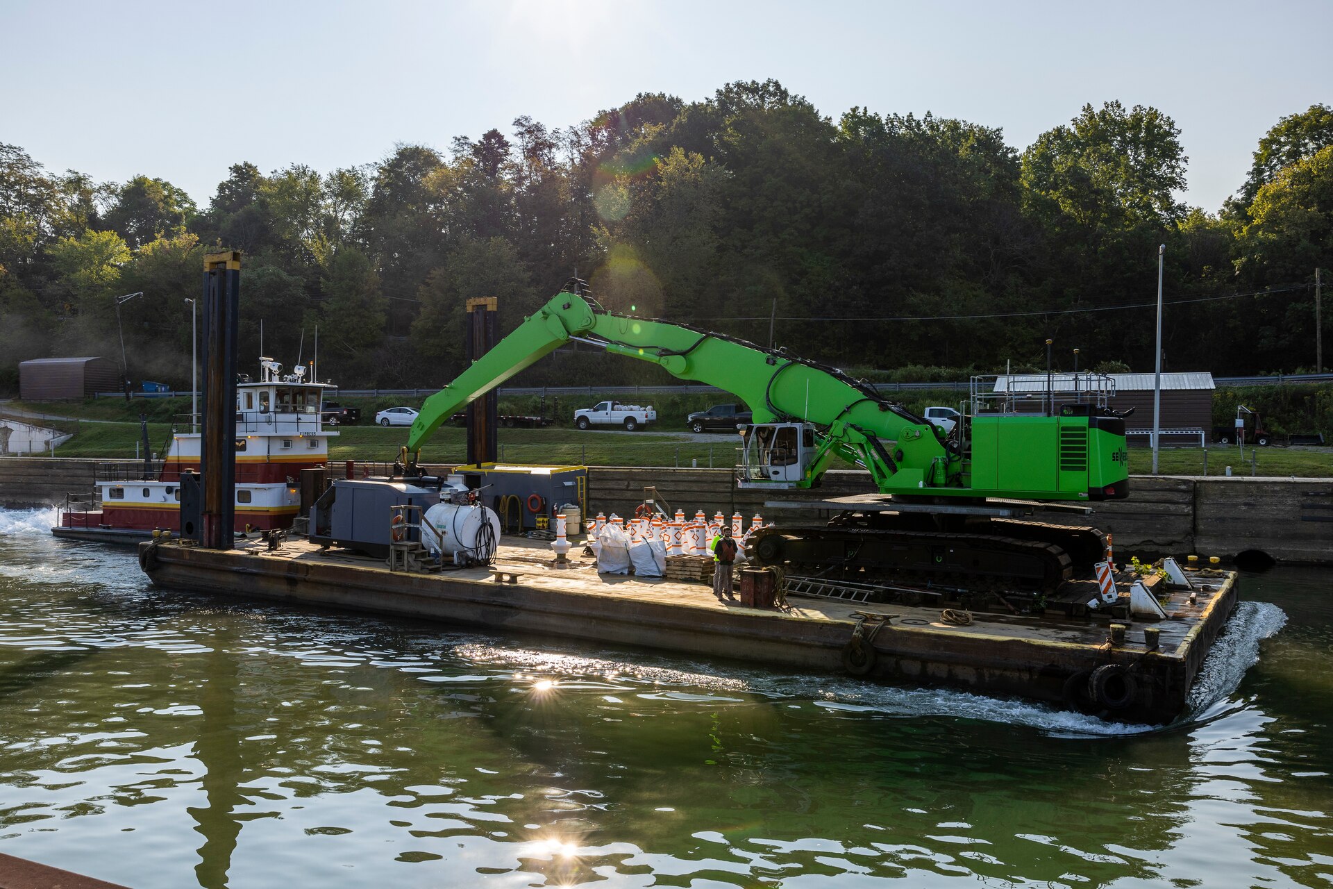 The U.S. Army Corps of Engineers Pittsburgh District opened a 100-foot-wide navigation channel for commercial vessels through the center of the dam at Monongahela River Locks and Dam 3 near Elizabeth, Pennsylvania, Thursday, Sept. 5.