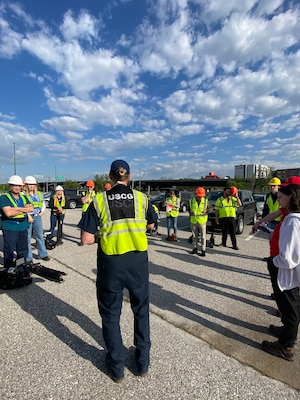 ASOFR MSTC Jennifer Gramata, conducting a safety brief with multiple media members and Army Corps personnel prior to arriving to the Sparrows Point staging area. She emphasized topics to include unauthorized work zones, heat stress hazards and high hazard areas and ensured accountability for the site.