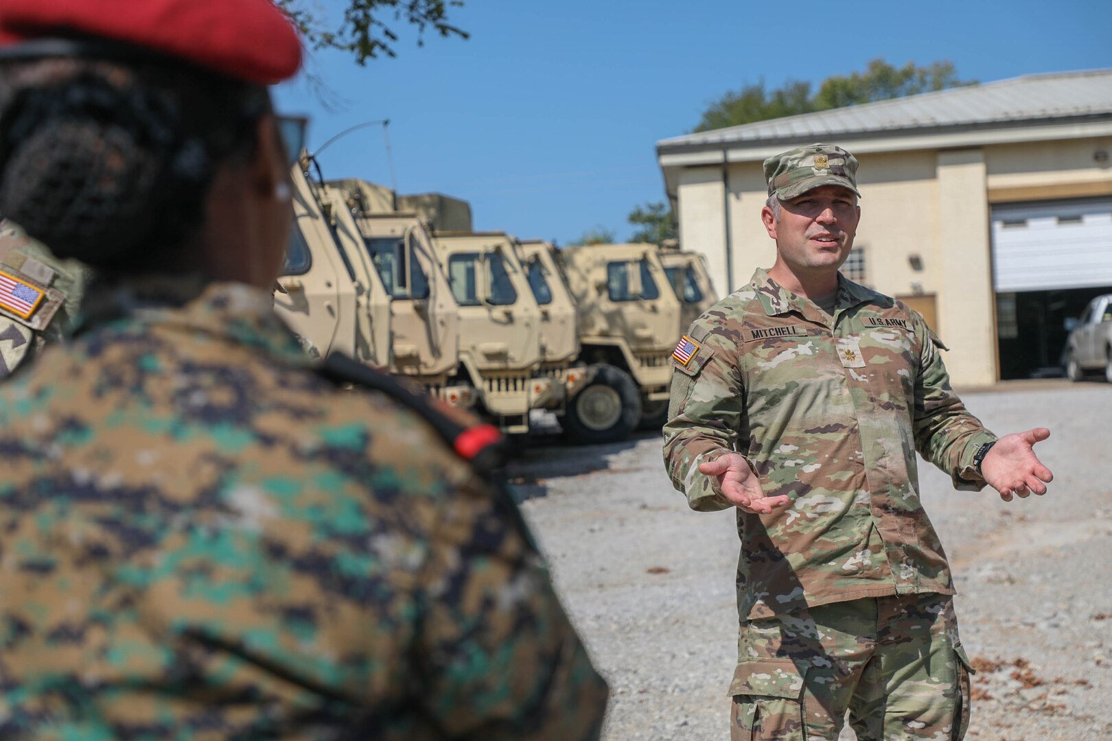 Maj. Joshua Mitchell, battalion executive officer, speaks to logistics officers from the Djiboutian Armed Forces who visited the 1792nd Combat Support Sustainment Battalion in Bowling Green, Ky., Aug. 22, 2024. The visit was part of the Department of Defense National Guard Bureau State Partnership Program.