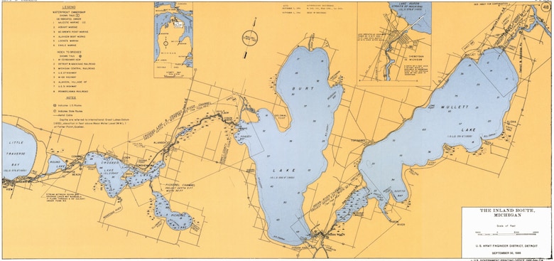 Tan and blue map drawing of the Inland Route system in Michigan