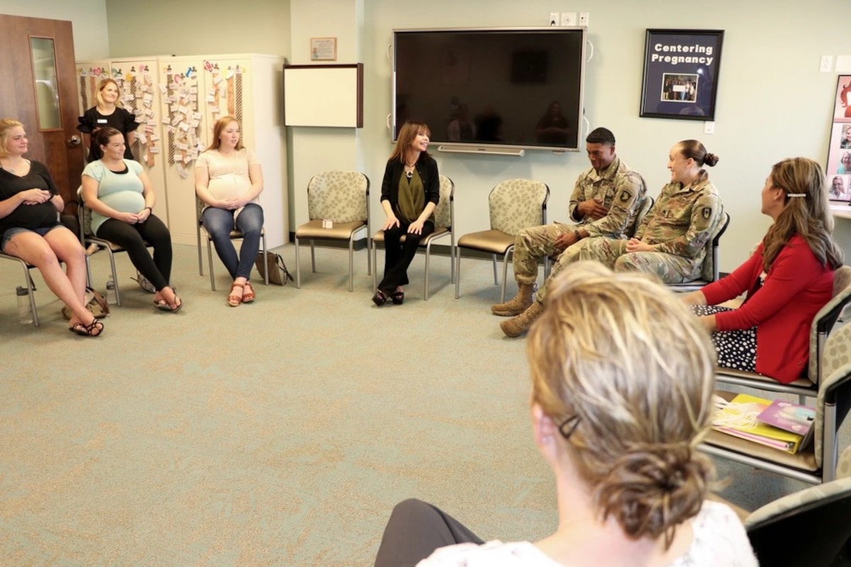 Best-selling author of the pregnancy and parenting "What to Expect" book series, Heidi Murkoff, visited expecting mothers during a Centering Pregnancy session at Blanchfield Army Community Hospital, May 6. Centering Pregnancy is a prenatal program that combines traditional prenatal healthcare with education sessions where moms-to-be with similar due dates connect and share their pregnancy experience. Murkoff visited BACH in conjunction with her USO Special Delivery Baby Shower and Reunion on Fort Campbell. U.S. Army photo by Maria Yager