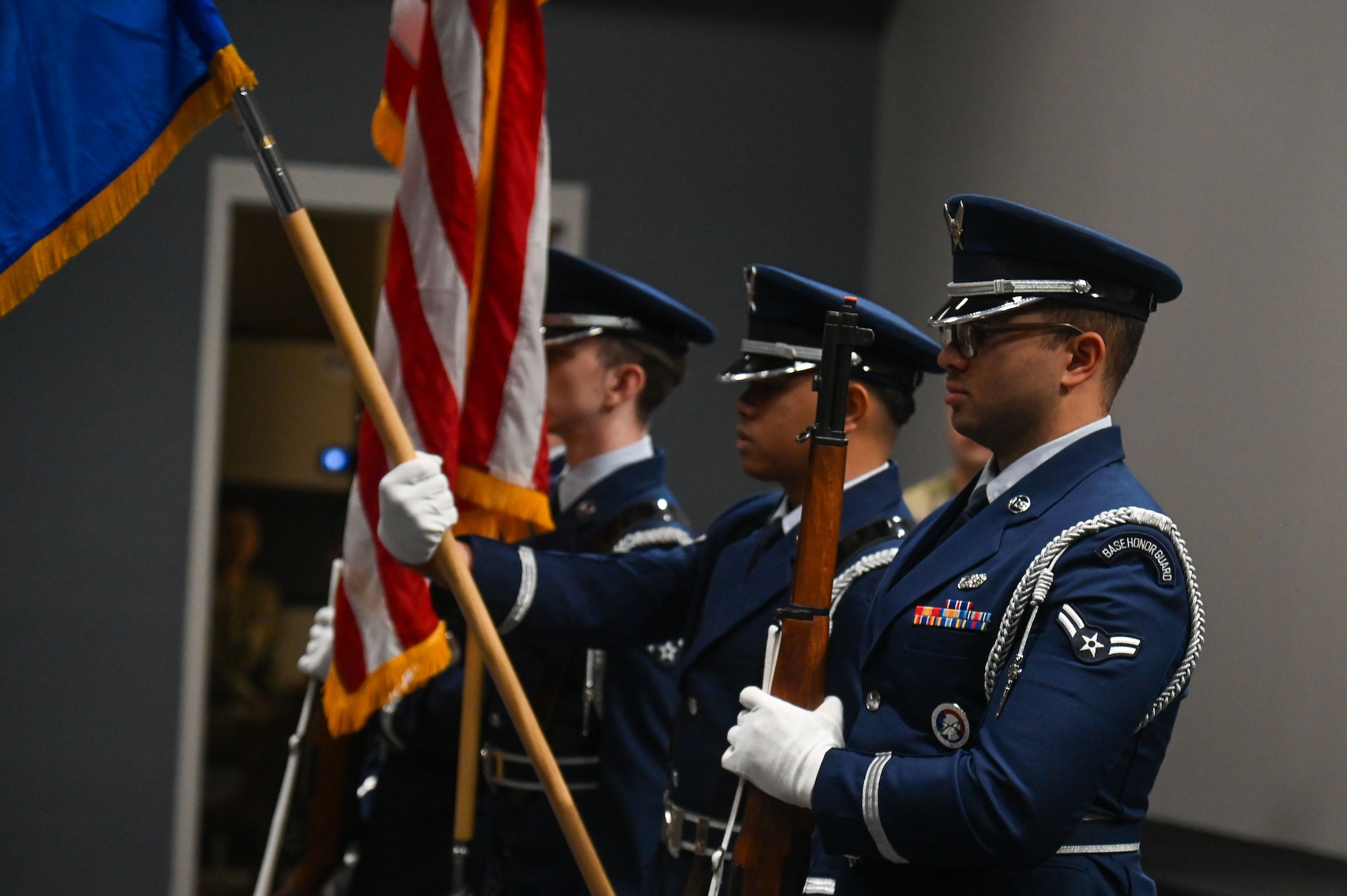 The Goodfellow Air Force Base Honor Guard presents the colors as part of the assumption of command ceremony at the Powell Event Center, Goodfellow Air Force Base, Sep. 4, 2024. Presenting the Colors is a military tradition that dates back to the founding of our nation. (U.S. Air Force photo by Airman 1st Class James Salellas)