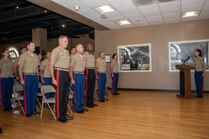 U.S. Marine Corps Maj. Gen. WIlliam Bowers, the commanding general of Marine Corps Recruiting Command, left, Sgt. Maj. Allen Goodyear, command senior enlisted leader with Marine Corps Recruiting Command, center left, Brig. Gen. James A Ryan II, the commanding general of Marine Corps Recruit Depot San Diego, center right, and Sgt. Maj. Carlos R. Aguilera, sergeant major of Headquarters and Service Battalion, right, recognize U.S. Marine Corps officers with the Marine Corps Recruiting Command for their outstanding performance and diligent efforts of the Western Recruiting Region Recruiting Offensive “Operation Overlord” at Marine Corps Recruit Depot San Diego, California, Aug. 1, 2024. Operation Overlord was a summer recruiting offensive held to foster competition amongst the recruiting force and increase productivity, while creating a contracting momentum for fiscal year 2025.  (U.S. Marine Corps photo by Cpl. Sarah M. Grawcock)