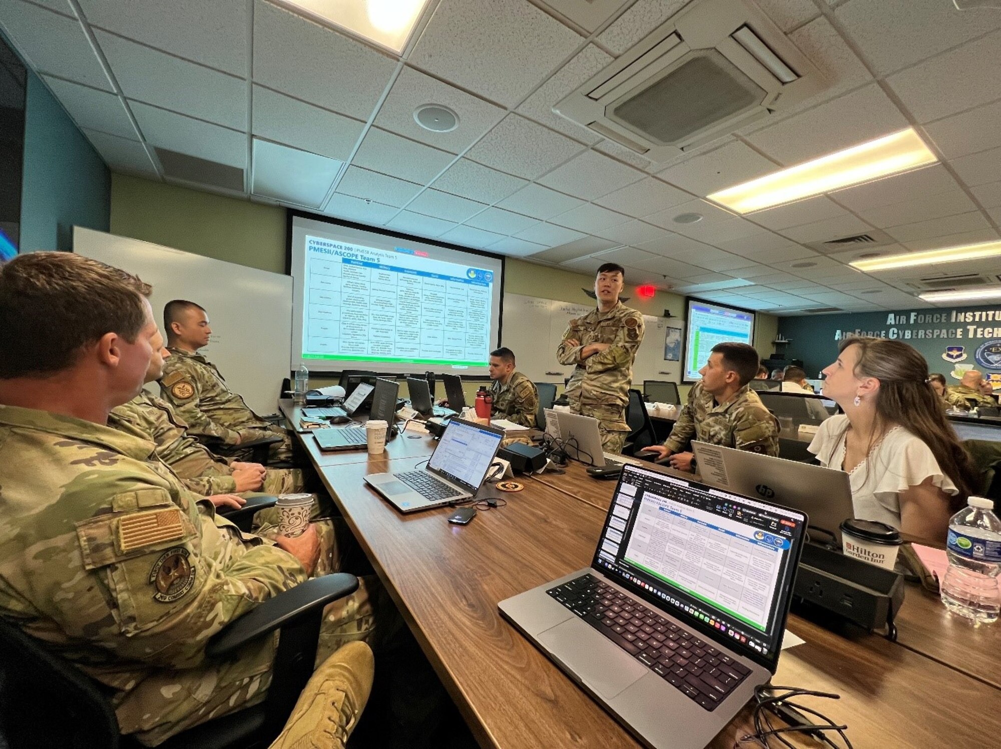 Cyberspace 200 class FY24D Team 5 students complete an analysis of the operational environment during the fundamentals block of the Cyberspace 200 course. (U.S. Air Force photo by Capt. Dana Charles)