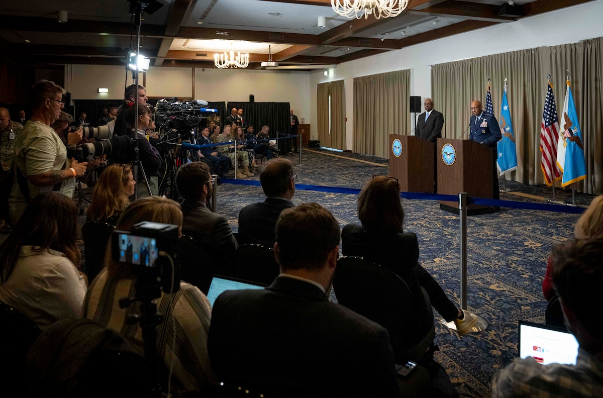 Secretary of Defense Lloyd J. Austin III and Joint Chiefs of Staff Chairman Air Force Gen. CQ Brown, Jr., brief the media following a meeting of the Ukraine Defense Contact Group.