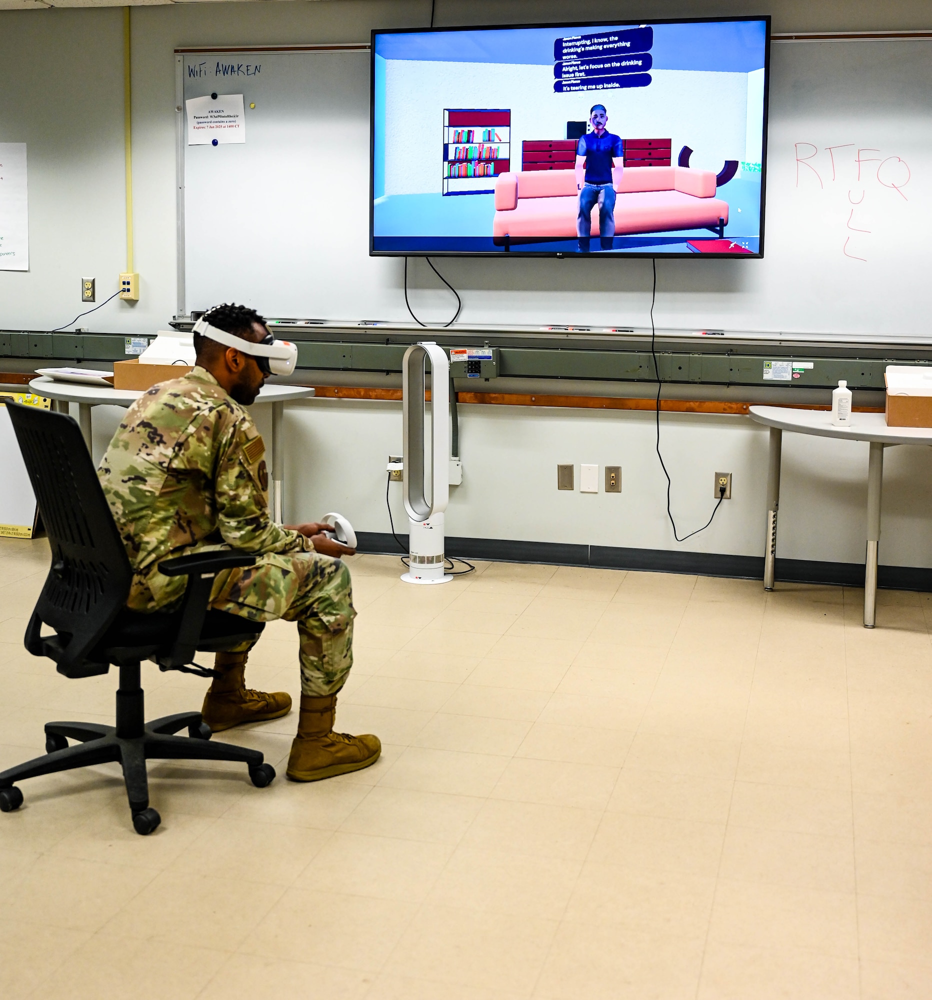 U.S. Air Force Tech. Sgt. Alfred Perkins, 335th Training Squadron religious affairs instructor, utilizes virtual reality to simulate crisis intervention at Keesler Air Force Base, Mississippi, Sept. 6, 2024.