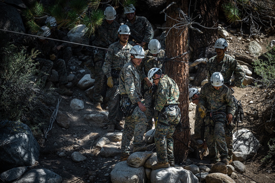 U.S. Marines with 2nd Battalion, 1st Marine Regiment, 1st Marine Division, set up a one rope bridge as a part of Mountain Exercise 5-24 at Marine Corps Mountain Warfare Training Center, Bridgeport, California, Aug. 6, 2024. MTX is a month-long exercise designed to better prepare units to survive and operate effectively in austere, mountainous terrain. (U.S. Marine Corps photo by Lance Cpl. Iris Gantt)