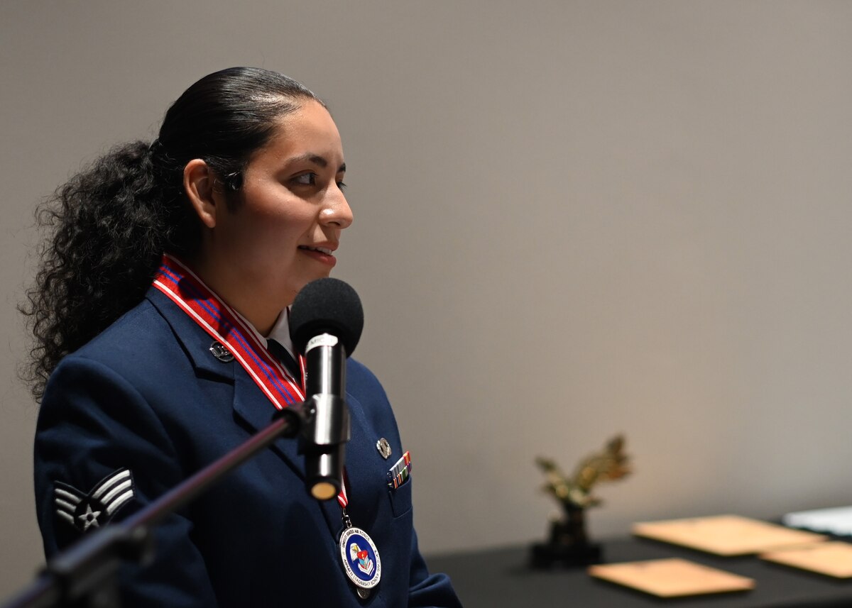 U.S. Air Force Senior Airman Madison Salinas, Airman Leadership School graduate, speaks at the Airman Leadership School Class 24-F Graduation at the Powell Event Center, Goodfellow Air Force Base, Texas, Sept. 5, 2024. Salinas talked about the material they learned and how they were prepared for their future as frontline supervisors. (U.S. Air Force photo by Senior Airman Ethan Sherwood)