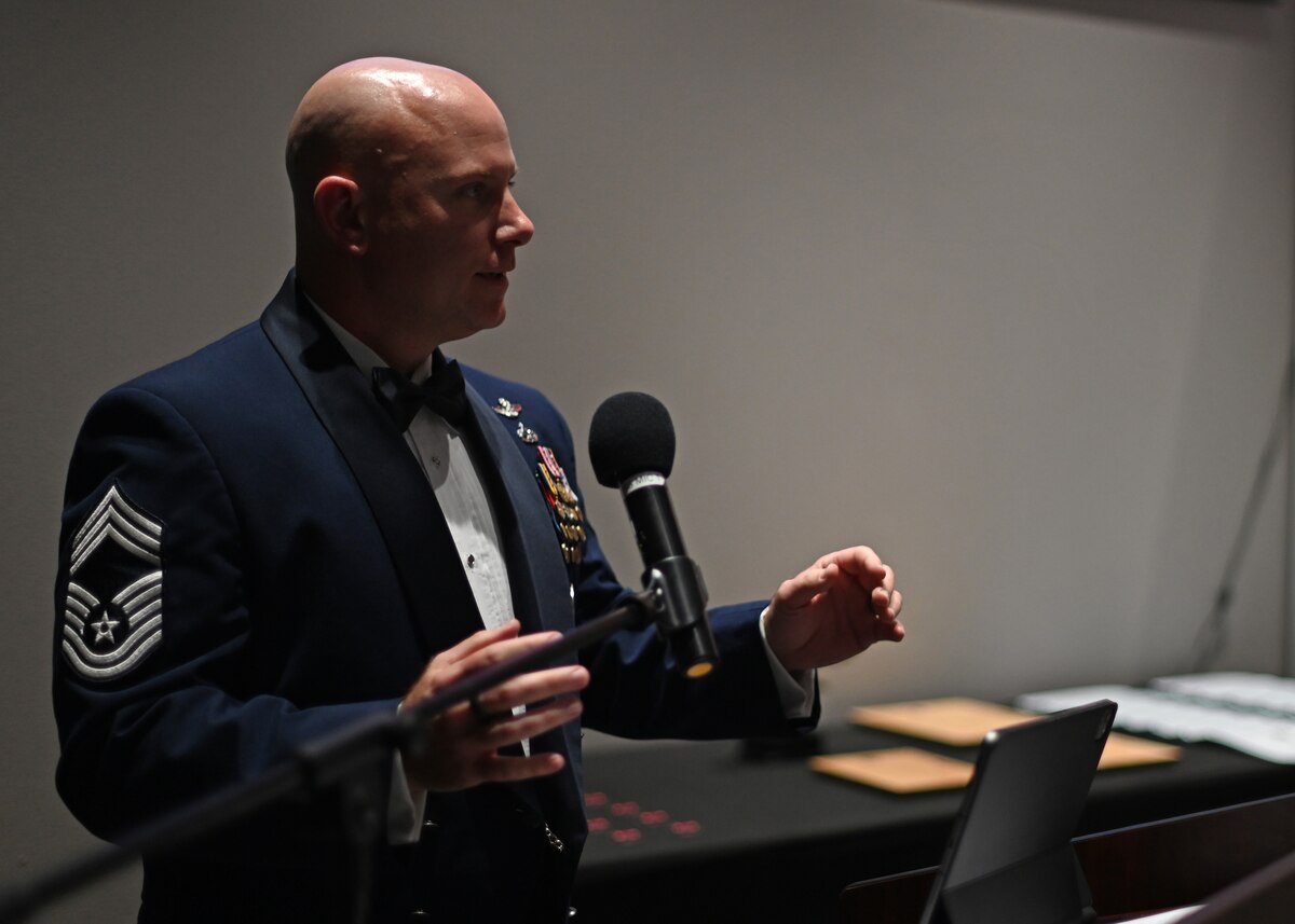 U.S. Air Force Chief Master Sgt. Kenneth Wilson, 47th Operations Group senior enlisted leader, speaks at the Airman Leadership School Class 24-F Graduation at the Powell Event Center, Goodfellow Air Force Base, Texas, Sept. 5, 2024. Wilson guided the class over five weeks, giving personal anecdotes and sharing his experience as a senior enlisted leader. (U.S. Air Force photo by Senior Airman Ethan Sherwood)