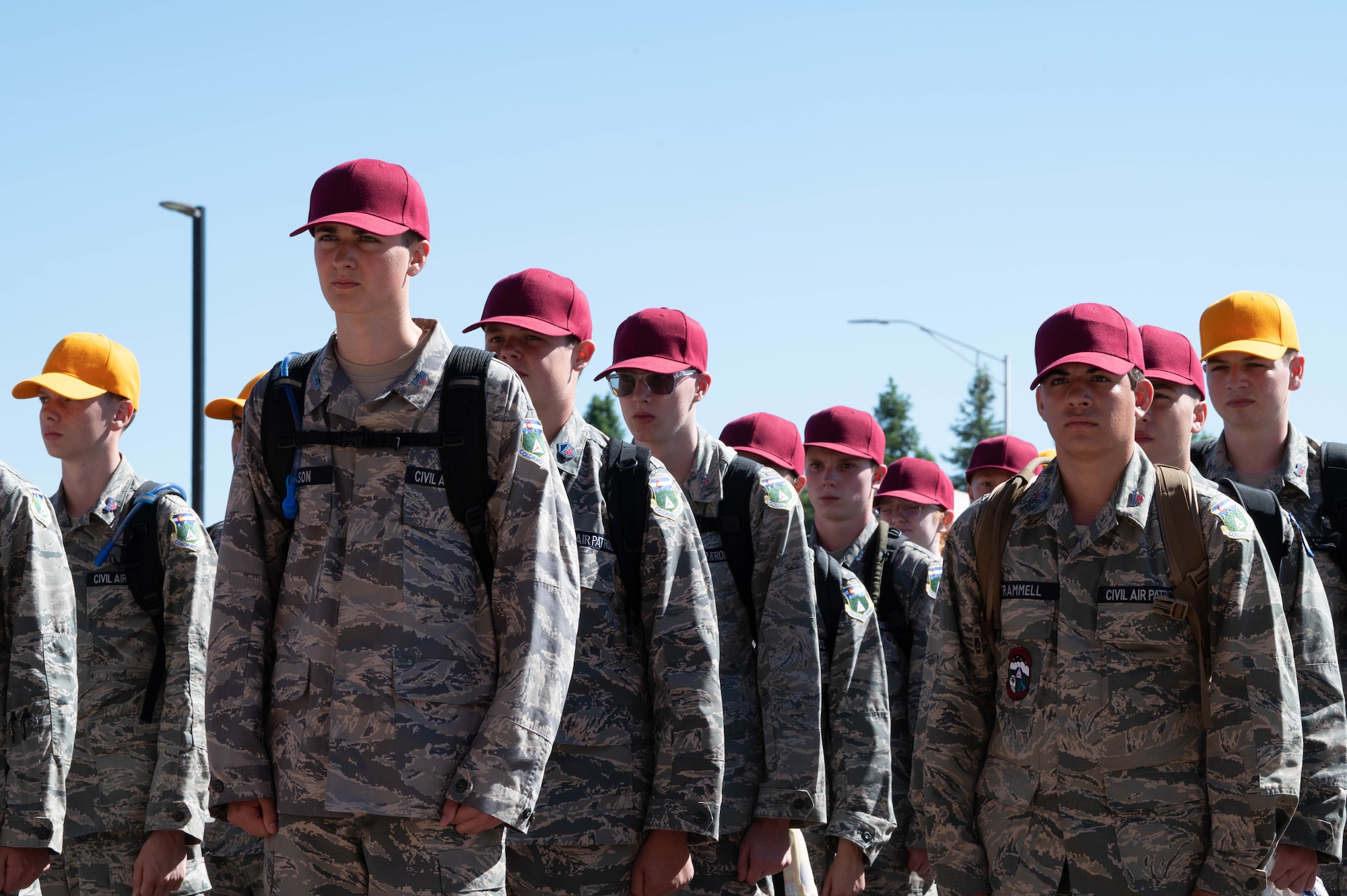 Cadets line up in formation as their tour at Peterson Space Force Base is about to begin.