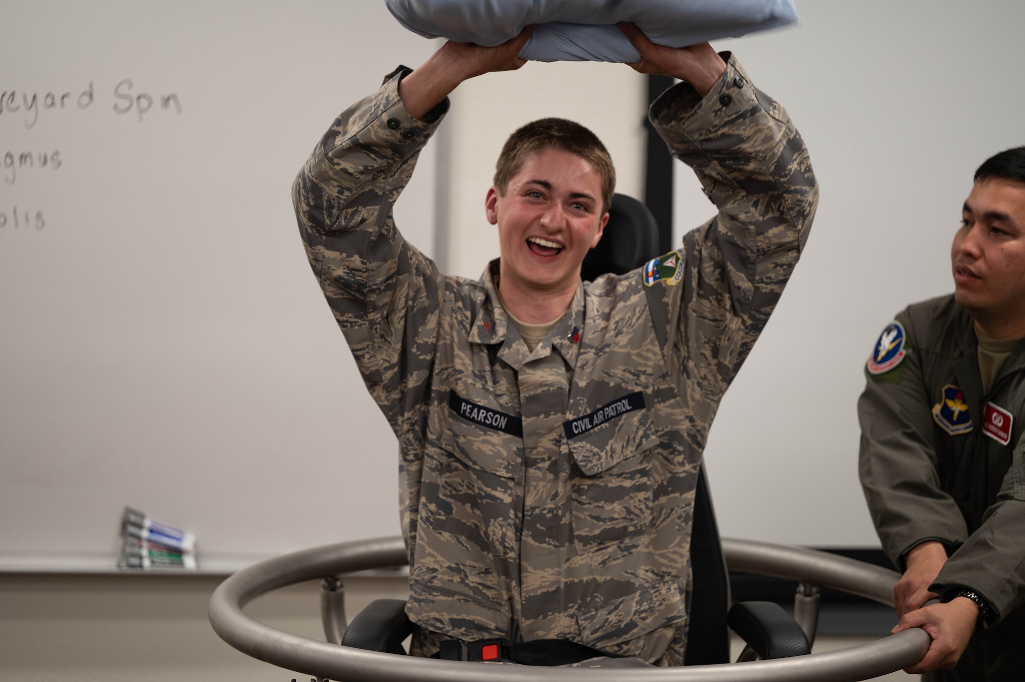 A Cadet experiences spatial disorientation while on the Barany chair.
