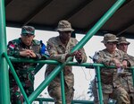 From left to right, Indonesian Maj. Gen. Widyargo Ikoputra, U.S. Army Col. Adisa King 3rd Infantry Brigade Combat Team, 25th Infantry Division, Brig. Gen. Kevin Williams, deputy commander of operations, 25th Infantry Division hold a multinational Combined Arms Rehearsal Super Garuda Shield 2024 in East Java, Indonesia, Sep. 2, 2024.