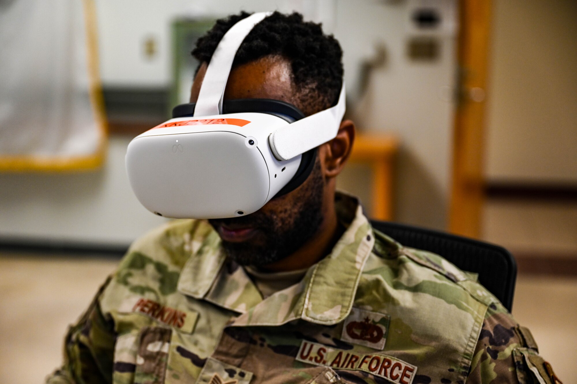U.S. Air Force Tech. Sgt. Alfred Perkins, 335th Training Squadron religious affairs instructor, utilizes virtual reality to simulate crisis intervention at Keesler Air Force Base, Mississippi, Sept. 6, 2024.