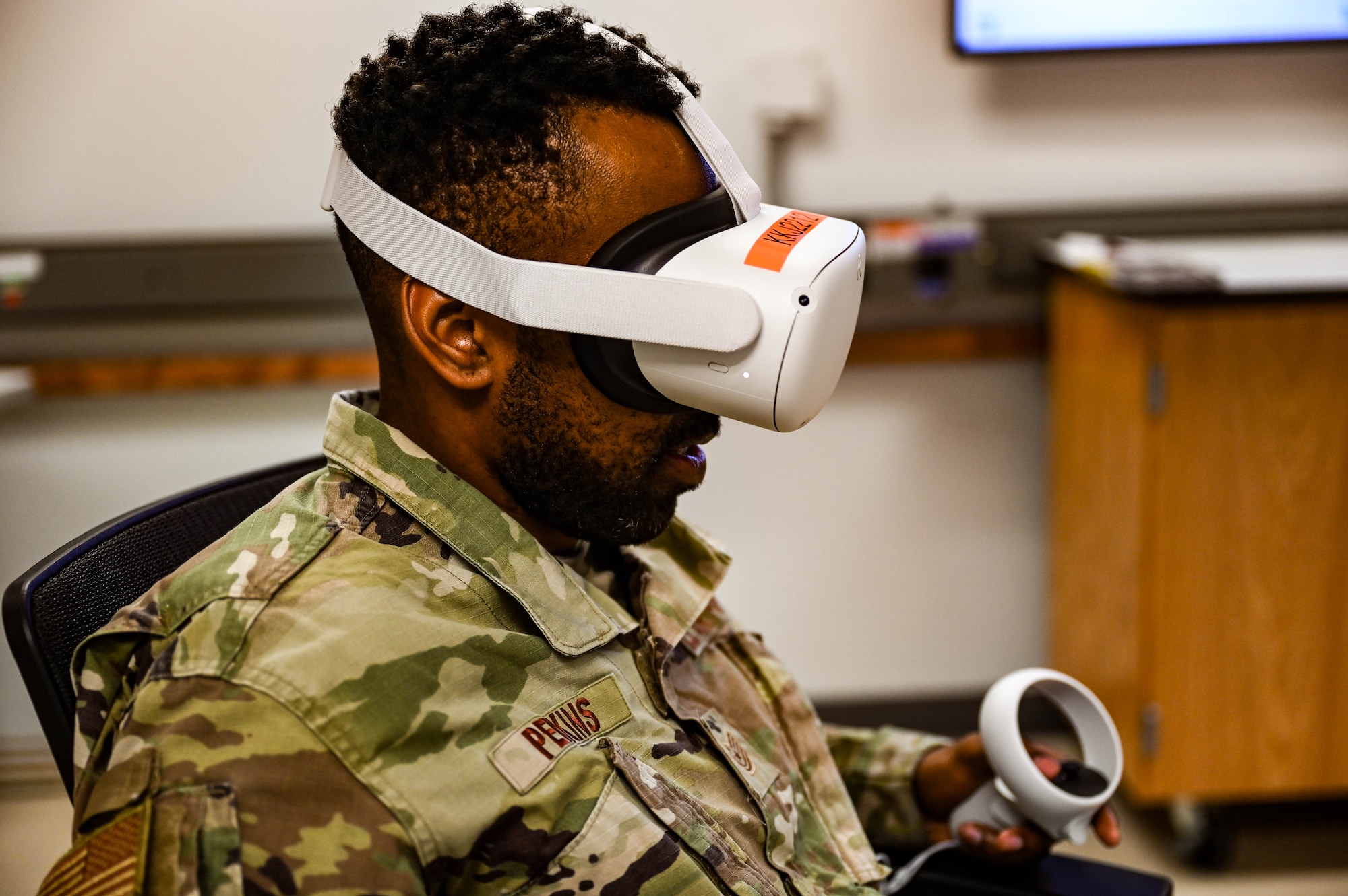 U.S. Air Force Tech. Sgt. Alfred Perkins, 335th Training Squadron religious affairs instructor, utilizes virtual reality to simulate crisis intervention at Keesler Air Force Base, Mississippi, Sept. 6, 2024.