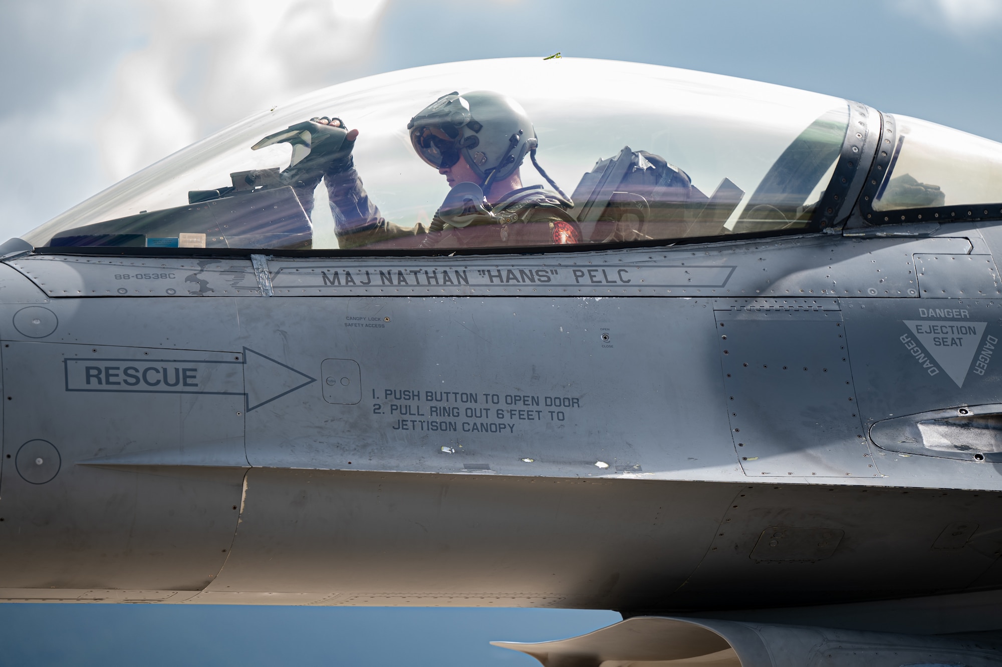 U.S. Air Force Capt. Christopher Newman, 36th Fighter Squadron pilot, prepares to take flight during Ulchi Freedom Shield 24 at a cooperating base location in the Republic of Korea, Aug. 22, 2024. Participating in UFS24 reinforces the 51st Fighter Wing’s ability to “Fight Tonight” alongside Republic of Korea allies, defending the freedom of 51 million people amongst the ROK. (U.S. Air Force photo by Senior Airman Brittany Russell)