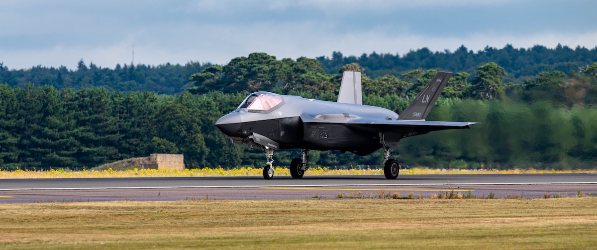 An F-35A Lightning II sits on the flightline prior to taking off