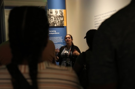 Members of the 74th Troop Command, District of Columbia National Guard, explore exhibitions and collections inside the Smithsonian's National Museum of American History during a team-building staff ride in Washington, D.C., on Aug. 11, 2024. The purpose of the visit was to deepen their understanding of the nation’s heritage and strengthen unit cohesion.