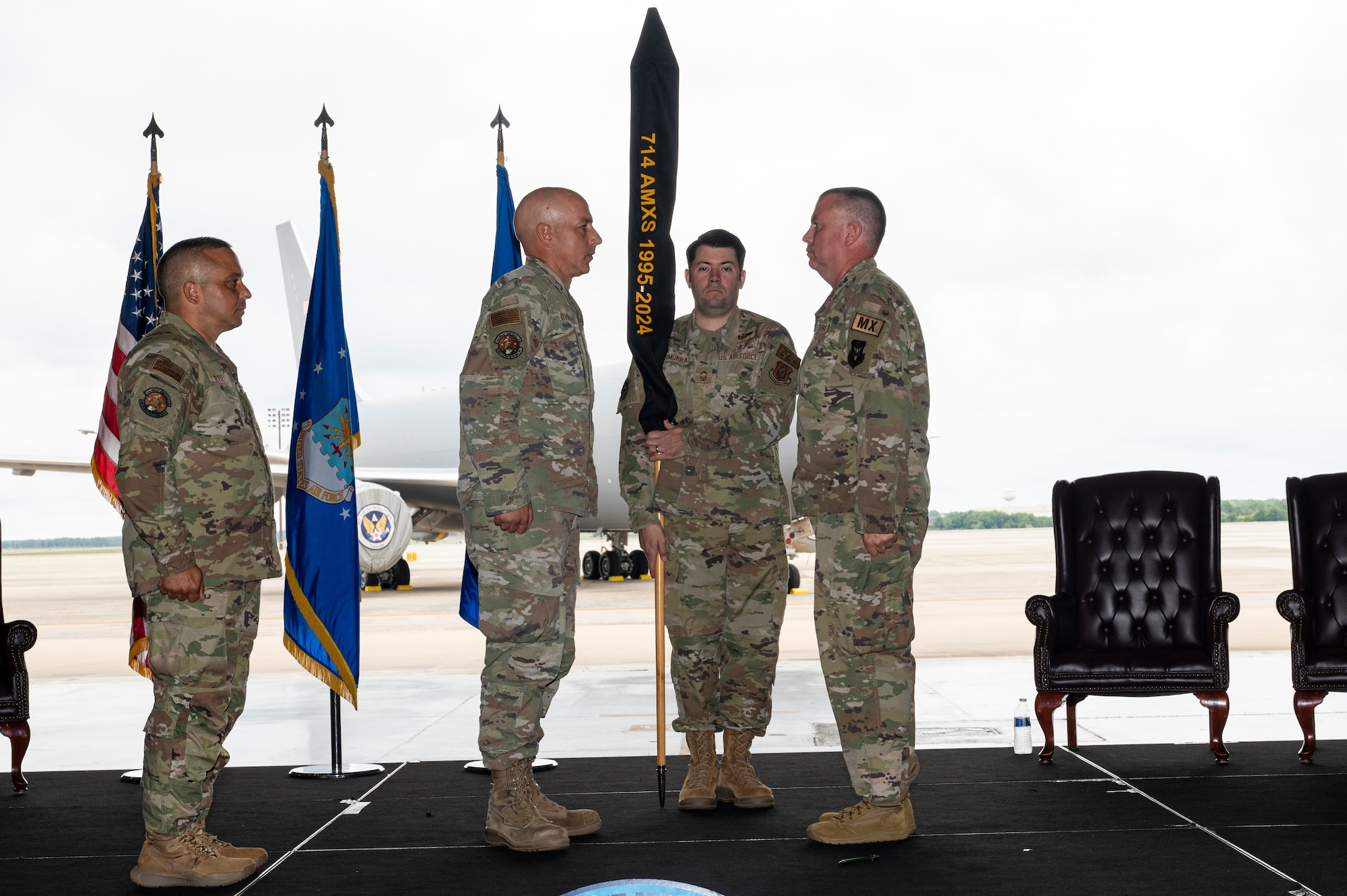 The 514th Air Mobility Wing celebrates the history and accomplishments of the 714th Aircraft Maintenance Squadron during an inactivation ceremony at Joint Base McGuire-Dix-Lakehurst, N.J., Sept. 7, 2024.