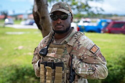 Staff Sgt. Anthony Barfield, 36th Security Forces Squadron base defense operations center controller, poses for a photo at Andersen Air Force Base, Guam, Sept. 6, 2024. Barfield is one of the first Airmen to sign up for Andersen's new peer-to-peer resiliency initiative, the Sentinel Program. Barfield shared that the Sentinel indicator patch, left shoulder, has already gotten multiple new-to-Andersen Airmen to start conversations with him. (U.S. Air Force photo by Staff Sgt. Pedro Tenorio)