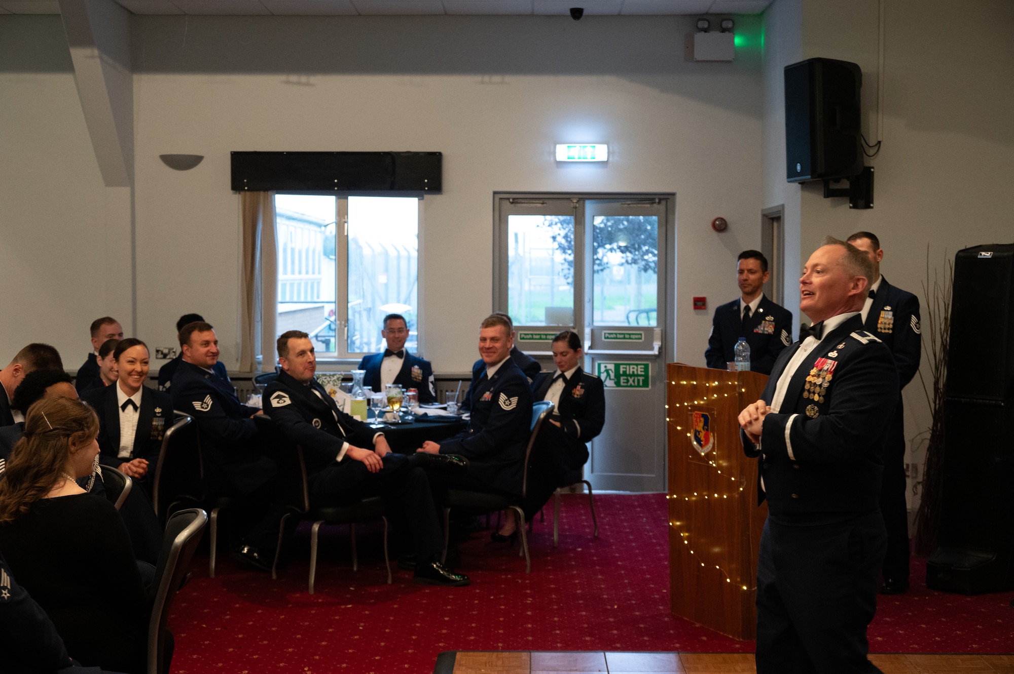 U.S. Air Force Col. D. Landon Phillips, 501st Combat Support Wing commander, gives a speech.