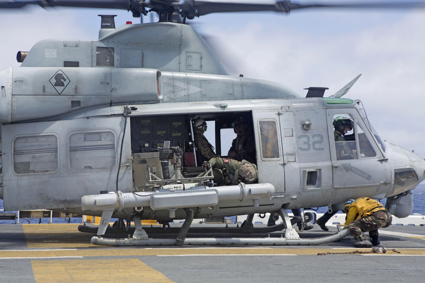 Marines assigned to Marine Medium Tiltrotor Squadron 264 (Reinforced), and 2nd Radio Battalion Detachment, 22nd Marine Expeditionary Unit, prepare for departure to conduct the first operational flight of the Intrepid Tiger II (V)3 Electronic Warfare (EW) pod aboard the amphibious assault ship USS Wasp (LHD-1). The Intrepid Tiger II EW is a network-enabled family of systems that provides a rapid deployment capability to support ground combat operations