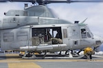 Marines assigned to Marine Medium Tiltrotor Squadron 264 (Reinforced), and 2nd Radio Battalion Detachment, 22nd Marine Expeditionary Unit, prepare for departure to conduct the first operational flight of the Intrepid Tiger II (V)3 Electronic Warfare (EW) pod aboard the amphibious assault ship USS Wasp (LHD-1). The Intrepid Tiger II EW is a network-enabled family of systems that provides a rapid deployment capability to support ground combat operations