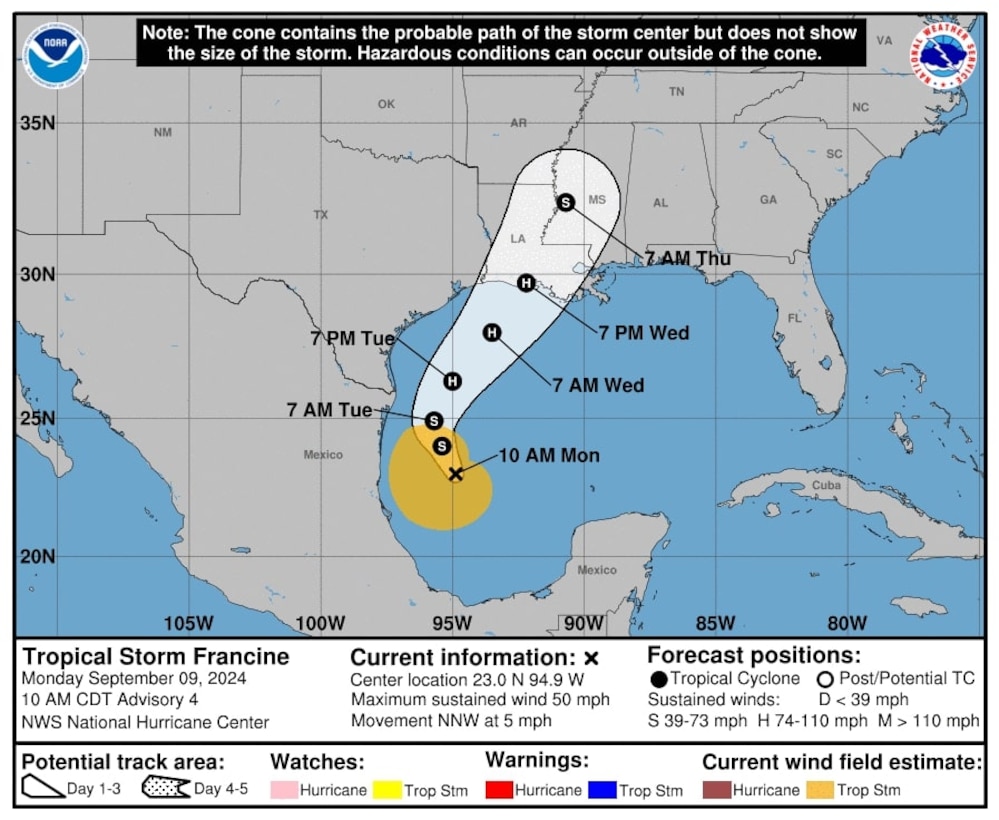 The National Hurricane Center graphic for Tropical Storm Francine, released at 1500Z 09 Sep 2024. The graphic shows the projected path of Tropical Storm Francine as it moves along in the Gulf of Mexico.