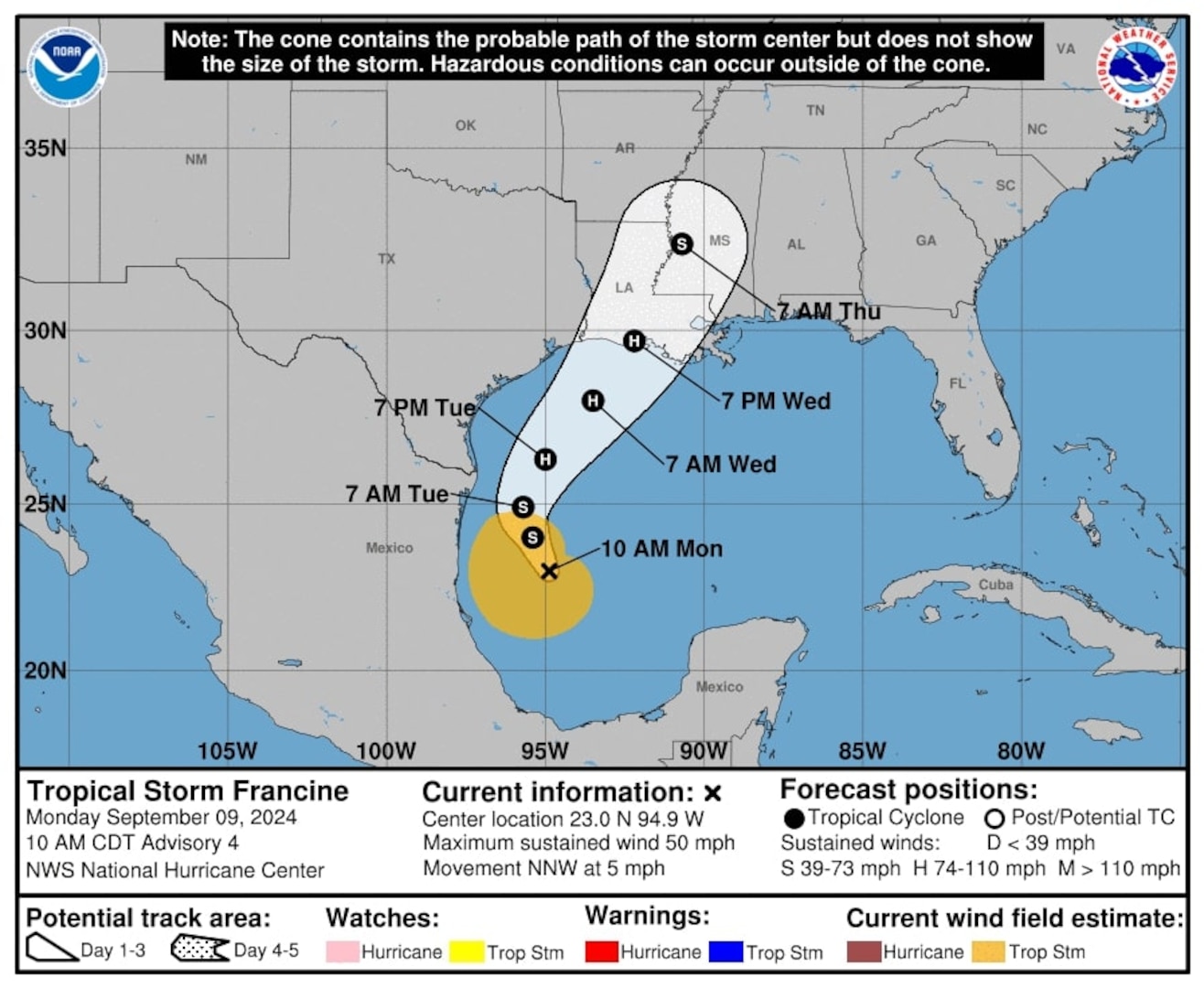 The National Hurricane Center graphic for Tropical Storm Francine, released at 1500Z 09 Sep 2024. The graphic shows the projected path of Tropical Storm Francine as it moves along in the Gulf of Mexico.