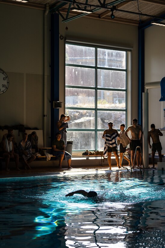 A U.S. Marine swims laps during basic swimming ability test at Berga Naval Base, Sweden, Aug. 27, 2024. The swim qualification covered basic swim skills, survival tactics and application of life vests and  life rafts. Marines assigned to 4th Assault Amphibian Battalion, 4th Marine Division, Marine Forces Reserve, are deployed for training in support of Exercise Archipelago Endeavor, an annual integrated, Swedish Armed Forces-led exercise that increases operational capabilities between U.S. Marines and Swedish forces. (U.S. Marine Corps photo by Sgt. Scott Jenkins)