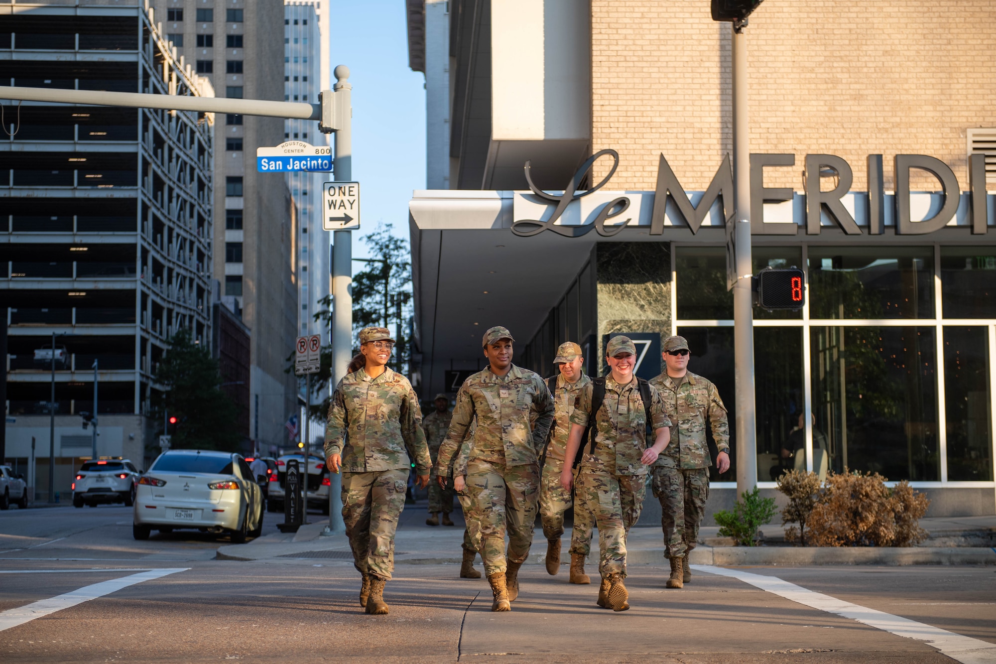 Members of Team Dover walk to the 2024 Air Force Sergeants Association Summit at Houston, Texas, Aug. 12, 2024. The 2024 AFSA Summit is an international convention and professional development symposium. Attendees received professional education and development learning opportunities from senior leaders around the U.S. military. (U.S. Air Force photo by Tech. Sgt. J.D. Strong II)