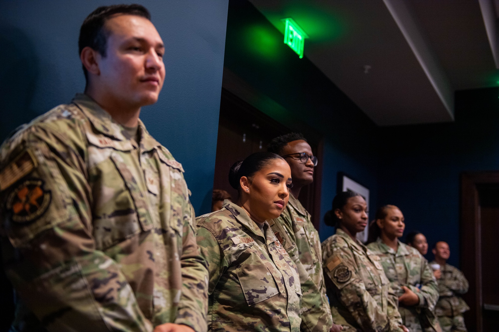 Members of Team Dover listen to U.S. Air Force Chief Master Sgt. Jamie Newman, Air Mobility Command command chief, and Chief Master Sgt. Thomas Blount, 18th Air Force command chief, discuss career advice and professional development during the 2024 Air Force Sergeants Association Summit at Houston, Texas, Aug. 13, 2024. The 2024 AFSA Summit is an international convention and professional development symposium. Attendees received professional education and development learning opportunities from senior leaders around the U.S. military. (U.S. Air Force photo by Tech. Sgt. J.D. Strong II)