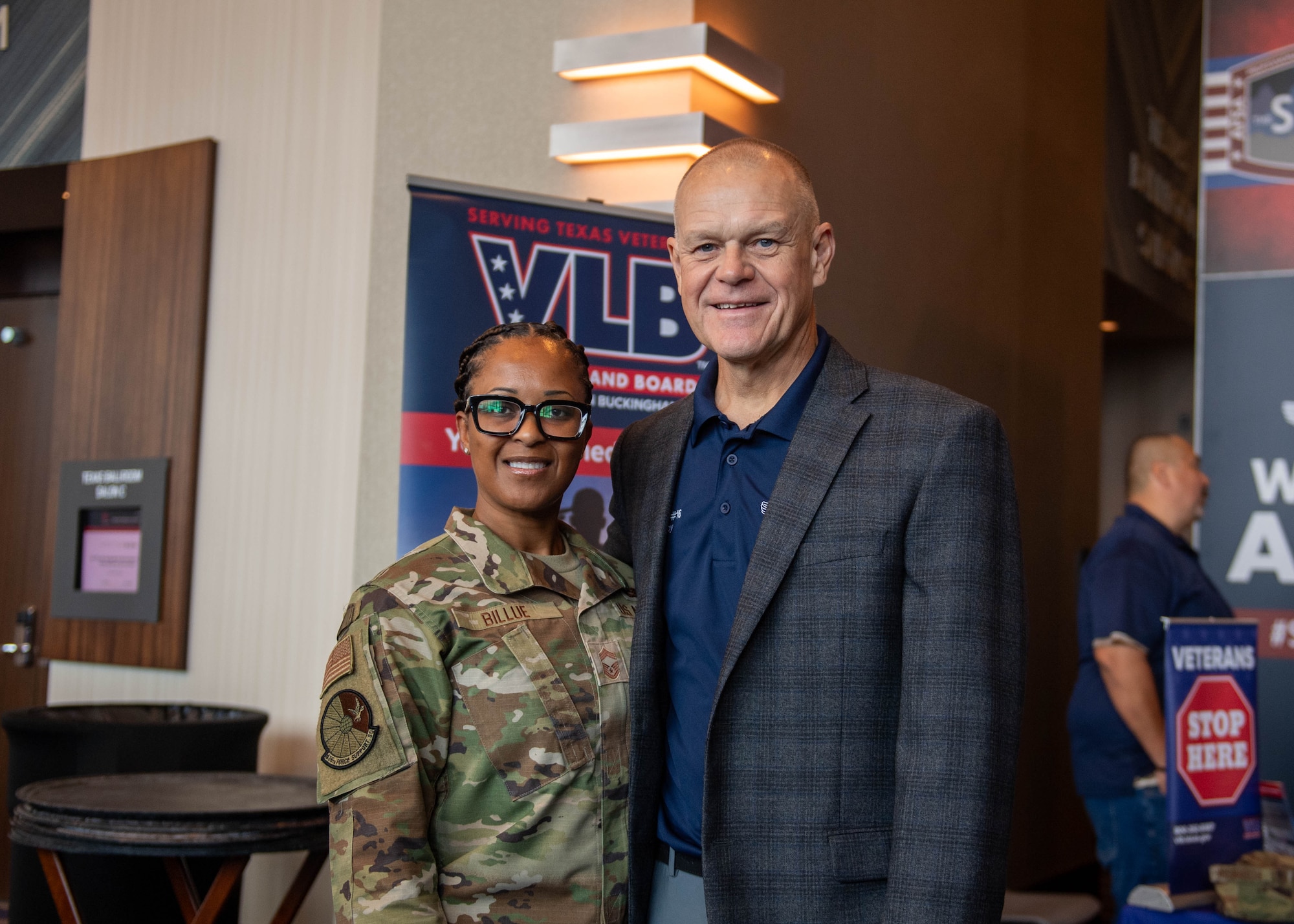 U.S. Air Force Chief Master Sgt. Katina Billue, 436th Force Support Squadron senior enlisted leader, poses for a photo with retired U.S. Air Force Chief Master Sgt. James A. Roy, 16th Chief Master Sergeant of the Air Force, during the 2024 Air Force Sergeants Association Summit at Houston, Texas, Aug. 13, 2024. The 2024 AFSA Summit is an international convention and professional development symposium. Attendees received professional education and development learning opportunities from senior leaders around the U.S. military. (U.S. Air Force photo by Tech. Sgt. J.D. Strong II)