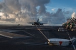 200702-N-ML137-1115 PHILIPPINE SEA (July 2, 2020) An F/A-18E Super Hornet attached to the Royal Maces of Strike Fighter Squadron (VFA) 27 lands on the flight deck of the Navy’s only forward-deployed aircraft carrier USS Ronald Reagan (CVN 76), maintaining Ronald Reagan’s tactical presence on the seas. Ronald Reagan is the flagship of Carrier Strike Group (CSG) 5. The USS Nimitz (CVN 68) and Ronald Reagan CSGs are conducting dual-carrier operations in the Philippine Sea as the Nimitz Carrier Strike Force.