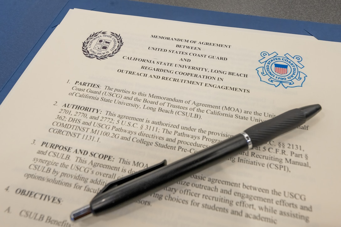 The Coast Guard and California State University Long Beach (CSULB) signs an updated memorandum of agreement to continue the College Student Pre-Commissioning Initiative scholarship program at CSULB campus in Long Beach, Calif., Sept. 5, 2024. The memorandum of agreement outlines the university as a member of the Coast Guard's Minority-Serving Institution partnership program. (U.S. Coast Guard photo by Petty Officer 1st Class Loumania Stewart)